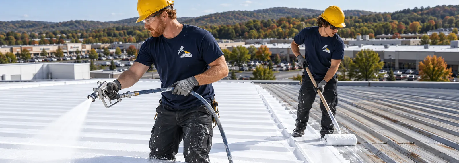 Roofer spraying white coating on a metal roof while another rolls the edge