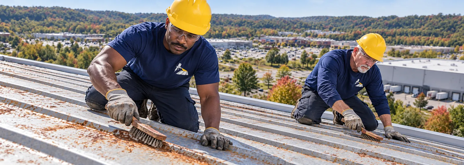 Two roofers wire-brushing rust from metal roof panels before priming