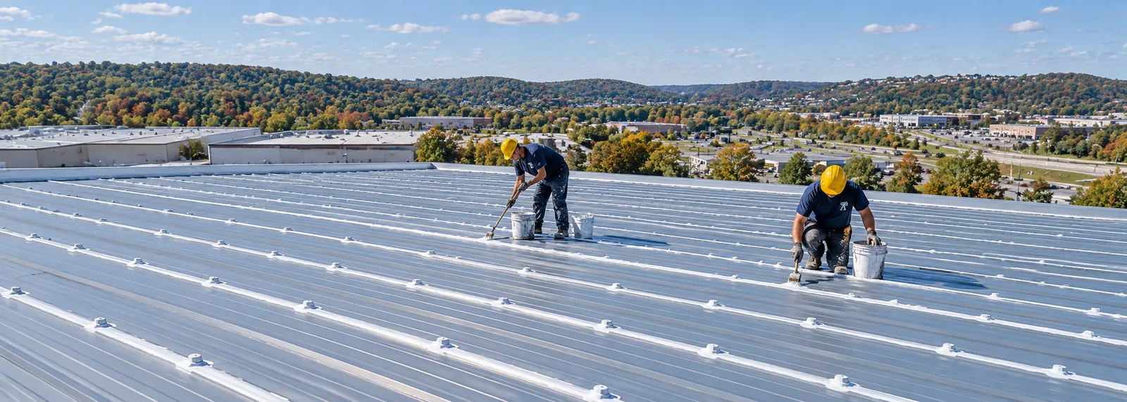 Crew sealing panel seams on a low-slope metal roof