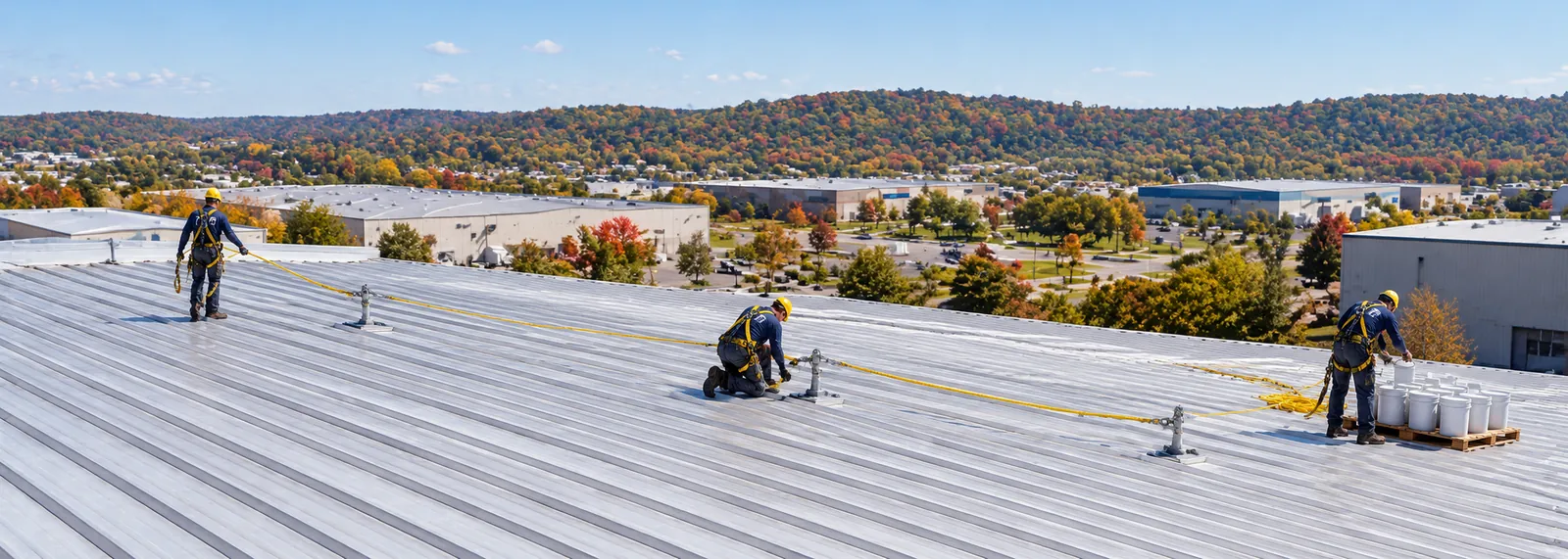 Crew working across a freshly coated white metal roof with material pails staged